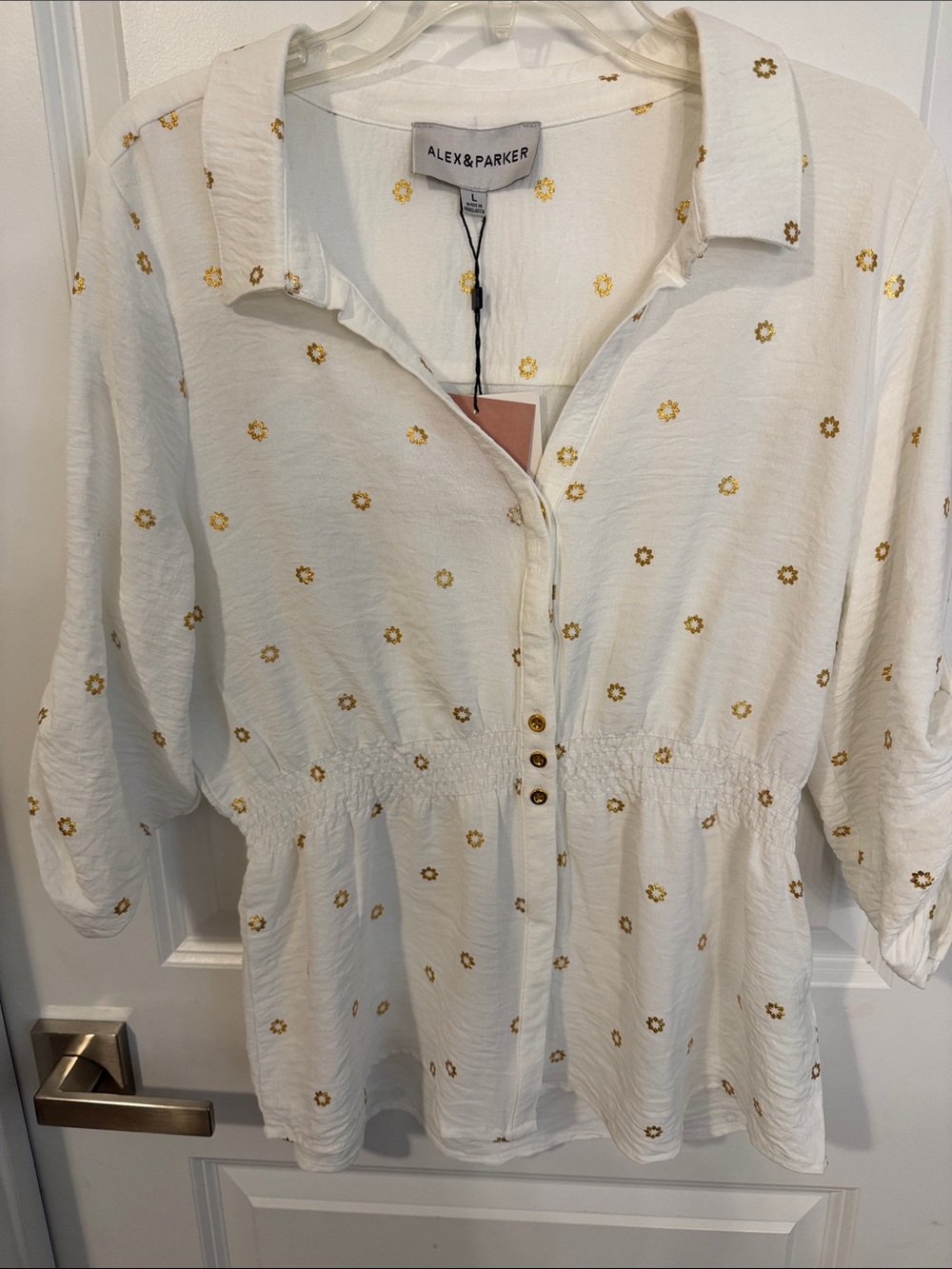 Parker off-white blouse with gold floral dots